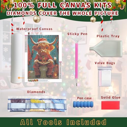 Ohhvvow Diamond Painting Kit - Highland Cow Christmas Toilet Reader, Whimsical Bathroom Art, 5D Full Drill Round Diamonds & Tools, Holiday DIY Craft Gift for Women Men - color: Cow on the toilet