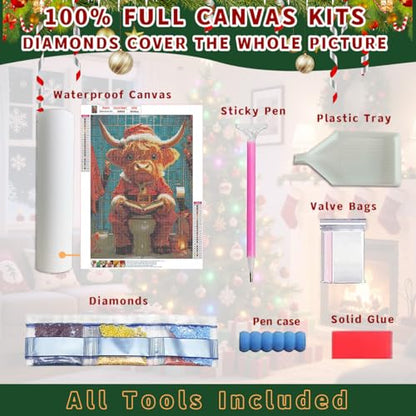 Ohhvvow Diamond Painting Kit - Highland Cow Christmas Toilet Reader, Whimsical Bathroom Art, 5D Full Drill Round Diamonds & Tools, Holiday DIY Craft Gift for Women Men - color: Cow on the toilet