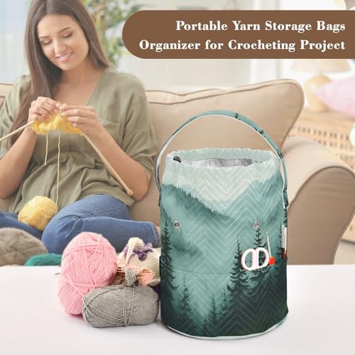 Green Mountains and Pine Trees 3500 Yarn Bag Small Crochet Bag Drawstring Yarn Storage Organizer Knitting Project Bags Potable Yarn Holder with Holes Handle Crocheting Needles Knitting Access - color: Green Mountains and Pine Trees