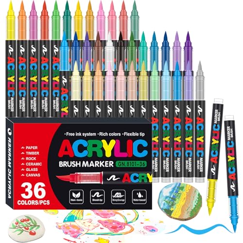 36 Colors Soft Brush Tip Acrylic Markers Set, Paint Pens for Rock, Wood, Fabric, Canvas, Glass, DIY Crafts, Waterproof Paint Markers, Vibrant Acrylic Pens for Artists and Art Projects - color: 36 colors