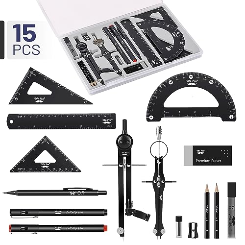 Mr. Pen- Professional Geometry Set, 15 pcs, Drafting Tools with Protractor | Compass, Metal Ruler, Triangles, Pens & Pencils, Complete Geometry & Drafting Kit for Architects, Engineers & Students - color: Black