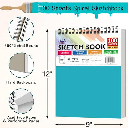 WINNER 9" x 12" Sketch Book 4 Pack, 400 Sheets Spiral Bound Art Sketchbook, 68lb/100gsm White Acid Free Drawing Pad, Sketching Doodling Drawing Writing Sketch Pad, Art Supplies for Back to School - color: Teal, size: 9"x12"