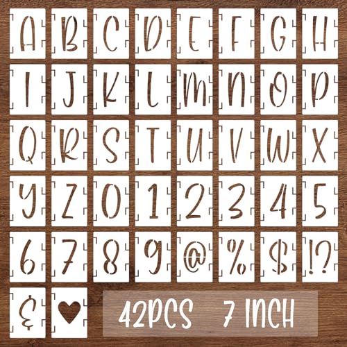 BAMIDELE 7 Inch Alphabet Letter Numbers Stencils, 42 Pcs Reusable Plastic Letters Symbol Interlocking Drawing Template Kit for Painting on Wood, Fabric, Rock, Chalkboard, Door Porch, Wall, Signage - size: 7 Inch