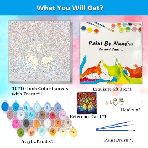 Artunion Framed Paint by Numbers Kit for Adults Beginners & Kids Ages 8-12,Tree of Life Paint by Number with Frame,Acrylic Paint by Numbers Kit on Canvas 10 * 10 Inch Without Easel - color: ZXT-190-F