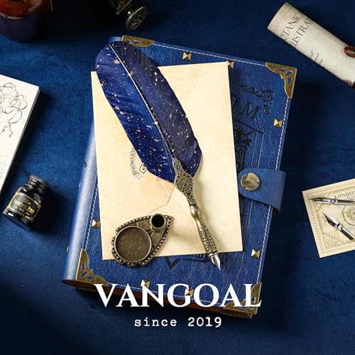 VANGOAL Vintage Carving Feather Pen Set, Glittering Quill Set Antique Calligraphy Writing Dip with Ink, 2 Replacement Nibs, Stand Base, Luxury Signature (Blue) - color: Blue