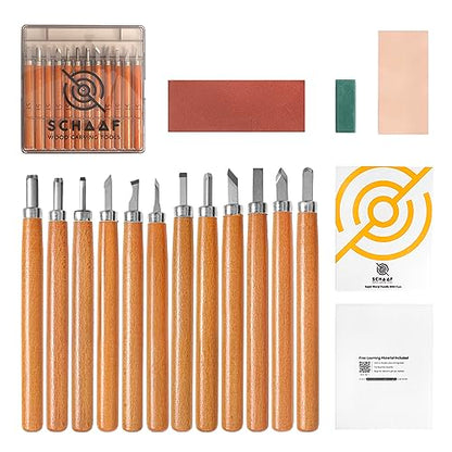 Schaaf Tools Wood Carving Kit, 12-pc mini chisel set, large handles | Wood carving tools for detail work and block printing, SK2 carbon-steel, sharpening strop and beginner tutorials included