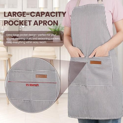 Serrenf 2 Pack Apron, Cooking Kitchen Aprons, Adjustable Bib Apron with 2 Pockets for Men Women Chef Apron - color: Black/Brown Pinstripe
