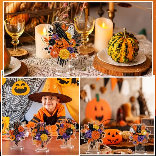 Kosiz 9 Pcs Halloween Diamond Painting Tabletop Decorations Halloween Flower Diamond Art Kits for Adults Double Sided Acrylic Pumpkin Centerpieces Sign for Table Beginner DIY Crafts Gifts Party Decor - style: Halloween Flowers