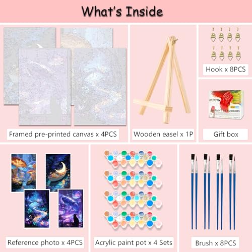 Muzagroo Art 4 Pcs Paint by Numbers Kits for Adults Framed Canvas with Wooden Easel DIY Beach Acrylic Oil Paintings Kits Paint by Numbers on Canvas Wall Art 8x12 inch (Magic Workd) - color: Magic Workd