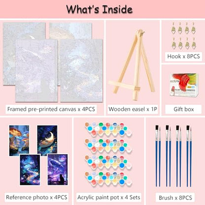 Muzagroo Art 4 Pcs Paint by Numbers Kits for Adults Framed Canvas with Wooden Easel DIY Beach Acrylic Oil Paintings Kits Paint by Numbers on Canvas Wall Art 8x12 inch (Magic Workd) - color: Magic Workd