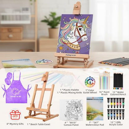 46 Pcs Kids Acrylic Painting Set with Table Easel, Purple | Art Painting Kit with Paints, Canvas, Paintbrushes, Canvas Supplies Kit for Kids, Adults, Beginners, and Artists - color: Purple