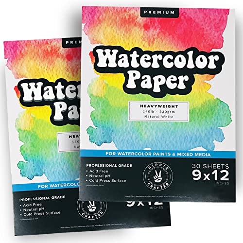 Watercolor Paper Pad, 2 Pack, 140lb Cold Pressed White Heavy Paper for Watercolor Painting, Markers, and Pens, 9" x 12", 15 Large Sheets Each, Ideal for Artists and Sketching - size: 9" x 12"- 2 Pack