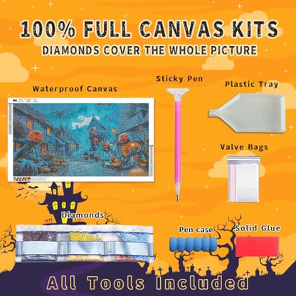 Ohhvvow Halloween Diamond Painting Kit Pumpkin Ghost Scene | 16x20 Full Drill Round Diamond Kit w/Tools. Haunted Pumpkin Ghost Battle Scene. Halloween DIY Wall Decor - color: Pumpkin Wars