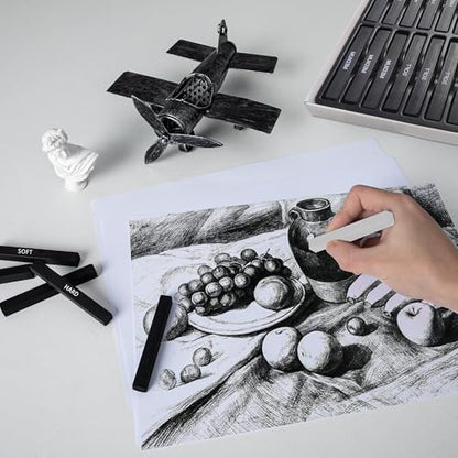 24 Pcs Compressed Charcoal Sticks with Soft, Medium, Hard and White Charcoal, Square Charcoal Stick Kit for Drawing, Sketching and Shading (12 Black and 12 White) - color: 12 Black + 12 White