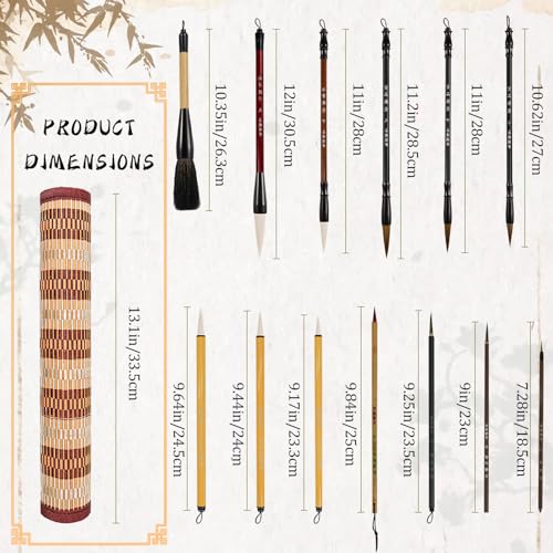 Chinese Calligraphy Brush Set with Roll-Up Bamboo Holder-13 Pieces
