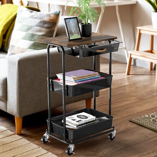Simple Houseware 3-Tier Utility Cart with Drawer & Wood Top, Rustic Brown - color: Rustic Brown