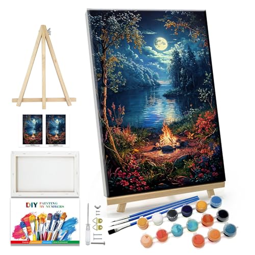 JOOZ Landscape Paint by Numbers Kit for Adults Beginner with Easel Moon Paint by Number on Canvas with Frame DIY Acrylic Painting for Ideal Gift Home Wall Decor 7.87x11.81 Inch - color: PG14