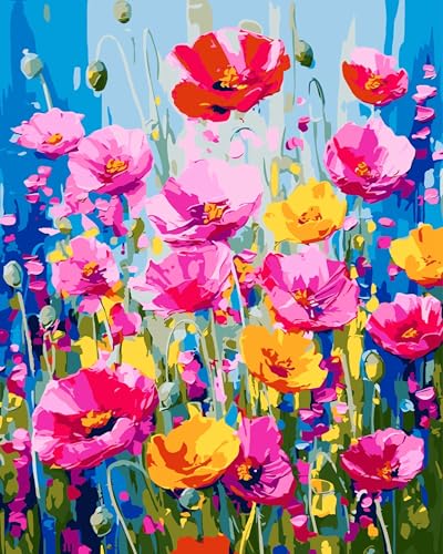 Yunnuo Paint by Numbers Kit for Adults Beginner, Flower Adults' Paint-by-Number Kits on Canvas,DIY Acrylic Pigment Poppy Flowers,Perfect for Home Wall Decor and Gifts(20x16 Inch) - color: C-003-poppy flower