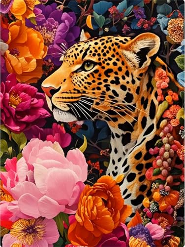 PINFFSHU 5D Diamond Art Kit for Adults & Beginners - Leopard amidst Colorful Flowers - Full Drill Animal Gem Painting, DIY Diamond Painting Craft for Home Wall Decor & Gifts, 12x16 inch (30x40cm) - color: Orange, black, pink, orange, purple, blue and othe