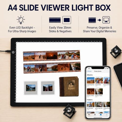 A4 Slide Viewer Light Box, Ultra-Thin LED Light Pad with 3 Adjustable Brightness, USB-C Powered Backlight for Viewing, Scanning and Digitizing 35mm Slides & Film Negatives