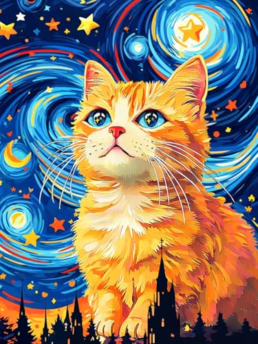 Yunnuo Cat Diamond Art Kits for Adults-Starry Night Cat Diamond Painting Kits for Adults Beginners,5D DIY Full Drill Round Gem Art for Holiday Gifts Paintings for Home Wall Decor 12"x16" - color: D004-starry night cat 30x40cm