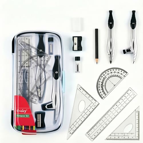 Marte Vanci 10 Piece Geometry Set, Math Geometry Kit with Storage Case, Includes 2 Compasses Rulers Protractor Pencil Eraser Sharpener Lead Refills Student Supplies for Drafting, Math Study (Black) - color: Black