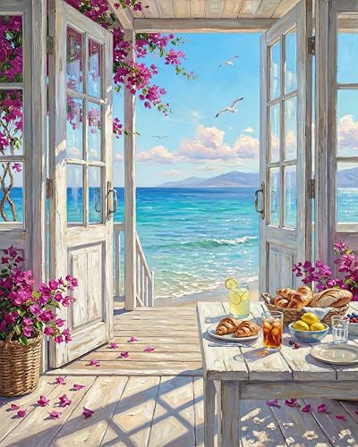 TOCOHANALOGY Paint by Numbers Kit for Adults, Beach Landscape DIY Number Painting for Adults Beginner, Flower Adult Paint by Number Kits on Canvas for Home Wall Decor 16x20in