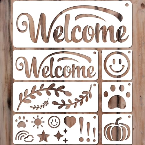YKW Welcome Sign Stencils Set - 7 Reusable Smiley Paw Templates - Up to 14x5 - Welcome Words, Leaves, Pumpkin - for Porch, Door, Wood, Fabric - DIY Home Decor,Translucent and Soft - style: Welcome-1