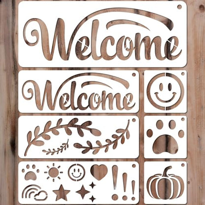 YKW Welcome Sign Stencils Set - 7 Reusable Smiley Paw Templates - Up to 14x5 - Welcome Words, Leaves, Pumpkin - for Porch, Door, Wood, Fabric - DIY Home Decor,Translucent and Soft - style: Welcome-1