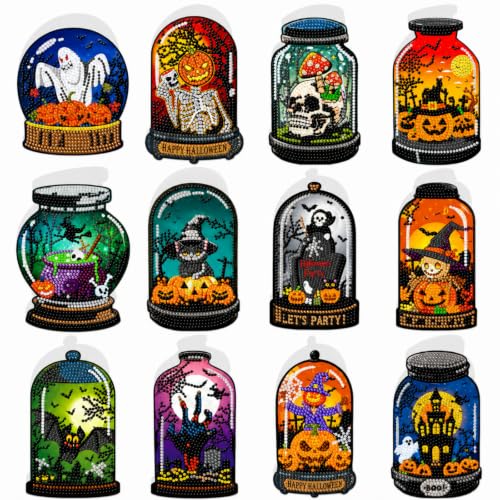 Saillong 12 Pack Halloween Diamond Painting Greeting Card Kits DIY Halloween Diamond Art Cards with Envelopes Bat Black Cat Pumpkin 5D Rhinestones Painting Kit for Adults DIY Craft Family Friend Gifts - color: Gothic Halloween