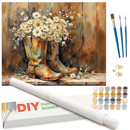 Still Life Paint by Numbers Kit for Adults - DIY Cowboy Boots Filled with White Daisies Painting on Rolled Canvas 16x20 Inches, Acrylic Paint Set, Suitable for Beginners, for Home Decoration or Gifts - color: TCXY05711, size: 16X20IN Rolled