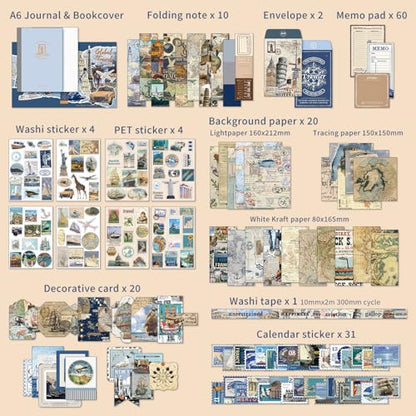 emmoolife Scrapbooking Supplies Kit, Daily Life World Travel Scrapbook Kit for Bullet Junk Journal, Stationery, A6 Grid Notebook, DIY Journaling Supplies, Birthday Craft Gift Teen Women - color: Journey