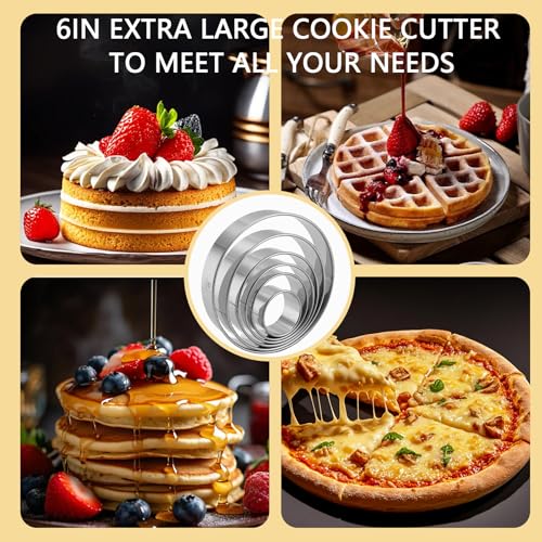 6-Piece Round Cookie Cutters (2, 3, 3.5, 4, 5, 6 Inch) Biscuit Cutter Set | Dishwasher Safe, Laser-Etched Sizes, Stainless Steel Circle Cookie Cutter for Baking, Thick Dough, Biscuits & Fondant - size: 6 Sizes Round Cutters
