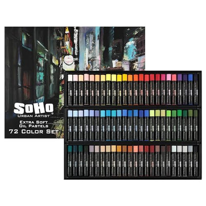 Soho Urban Artist Extra Soft Oil Pastel Premium Bundle - Set of 72 Pastels, Blending Stumps, Brick Mixed Media Sketchbook, and Painter's Color Diary
