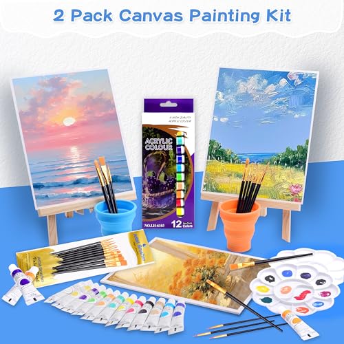 Paint & Sip Kit for 2, 8x10 Canvas Board with Easel for Couples Date Night | 2-Person Art Set:2 canvases,2 wood easels, brushes,paints & palettes.Ideal for painting parties,anniversaries & girls' night