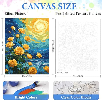 ZRIZQ Flowers Paint by Numbers Kit for Adults Beginner,Yellow Roses,16x20 | Full set with wooden brushes,rolled canvas,rich paints.Calming activity.Beginner friendly.Just open and paint. - color: 16"X20"Rolled Canvas(Frameless)-Flowers 1