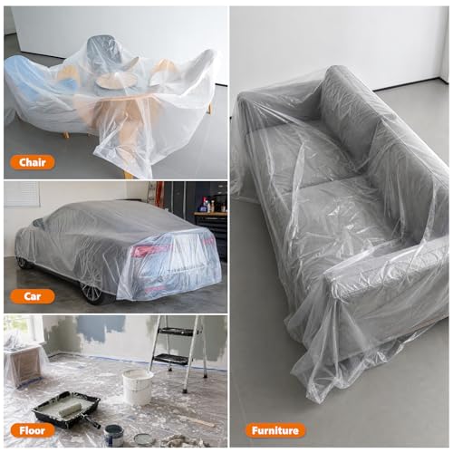 ROLLINGDOG 3 Pack Plastic Drop Cloths 12' x 9' | Clear Painting Tarp Waterproof Dust Cover 0.7mil Light Duty Disposable Plastic Sheeting for Floor Furniture Protection - color: 3 Pc