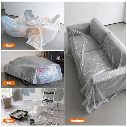 ROLLINGDOG 3 Pack Plastic Drop Cloths 12' x 9' | Clear Painting Tarp Waterproof Dust Cover 0.7mil Light Duty Disposable Plastic Sheeting for Floor Furniture Protection - color: 3 Pc
