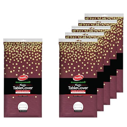 Neatiffy 54 x 108 Inch Rectangle Plastic Table Cloth Picnic/Camping/Birthday Party/Banquet Table Cover. Disposable/Reusable Tablecloths - Burgundy with Golden Dot - color: Burgundy With Gold Dot
