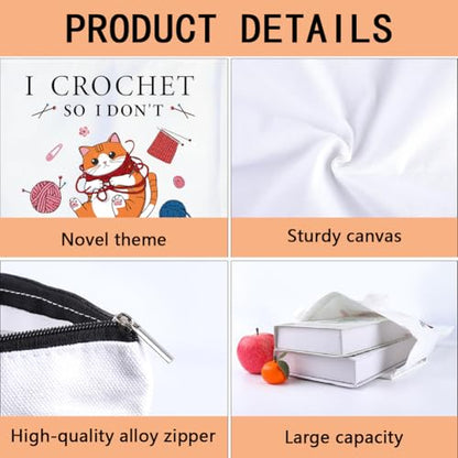 2Pcs Crochet Canvas Tote Makeup Bag Set Aesthetic Gifts 2 Sizes | Cat Tote Bag Set Cute Cat Yarn Design with Word, Polycotton Reusable Portable Zipper Cosmetic Case for Crocheters Work Travel