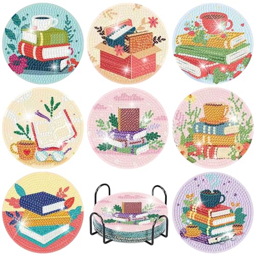 8 Pcs Book Diamond Art Coasters Kit - DIY 5D Diamond Painting Coasters with Holder, Mini Diamonds Arts Kits for Adults Coaster with Cork Pads, Gem Arts Dots Painting Crafts Supplies for Home Decor - color: Jxbd65-us