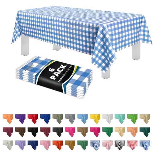 Grandipity Blue Gingham Checkered Plastic Table Cloth Disposable (6 Pk) 54in x 108in Plastic Tablecloths for Rectangle Tables - Premium Party Table Cloths Disposable for 6ft to 8ft Rectangle Tables - color: Blue Gingham Checkered, size: 54 inches x 108 in