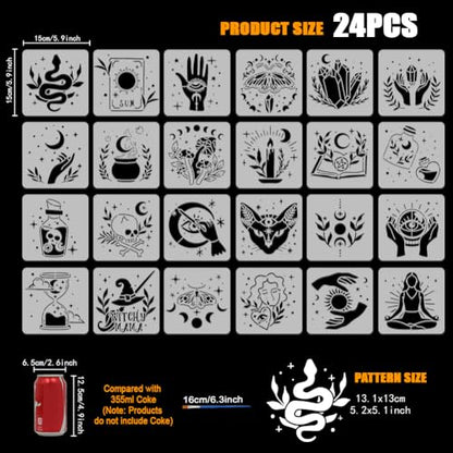 FINGERINSPIRE 24 Pcs Witch Witchcraft Painting Stencil with Brush 5.9x5.9inch Magic Potion Fairy Crystal Ball Divination Pattern Drawing Template for Painting on Wood Wall Fabric Furniture
