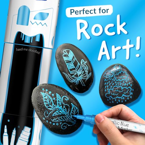 5 Metallic Acrylic Blue Paint Markers Pens for Rock Painting, Wood | Extra Fine Tip, Thin & Jumbo Pen (1mm, 3mm, 6mm, 10mm, 15mm) - Permanent Marker for Metal, Fabric, Plastic, Canvas, Glass - color: Metallic Blue