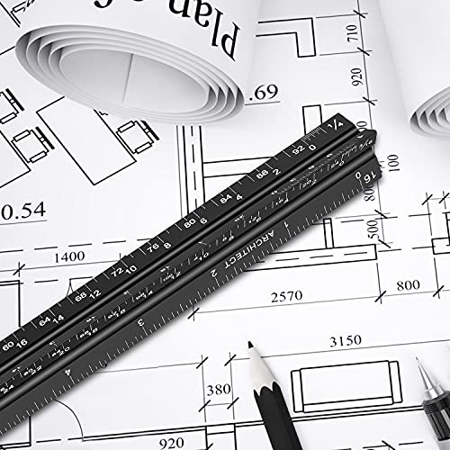 12" Architectural Scale Ruler Aluminum Architect Scale Ruler, Black | Triangular Scale Ruler for Architects, Draftsman, Students and Engineers - color: Black