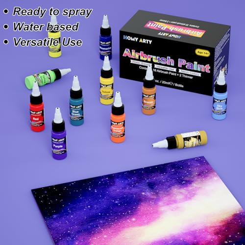 HOMY ARTY Airbrush Paint - 16 Colors with 2 Thinner | Ready to Spray Water-Based, Acrylic Air Brush Paints for Metal, Plastic Models, Canvas, Wood - 18 Bottles - color: 16 Colors with 2 Thinner