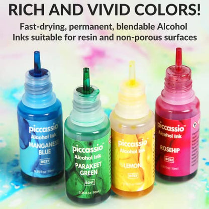 Alcohol Ink Set – New Improved Formula – 24 Highly Saturated, Fast-Drying, Permanent Inks for Epoxy Resin, Tumblers, Fluid Art Painting, Glass, Metal, and More