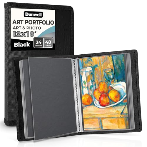Dunwell 12x18 Art Portfolio Binder, 24-Sleeve, Black Mounting Paper, Black | 24 Clear Sleeves, Displays 48 Pages, Black Mounting Paper Included, Artwork Storage, Acid-Free Poly Protection - color: Black, size: 12x18" w/ BLK Paper