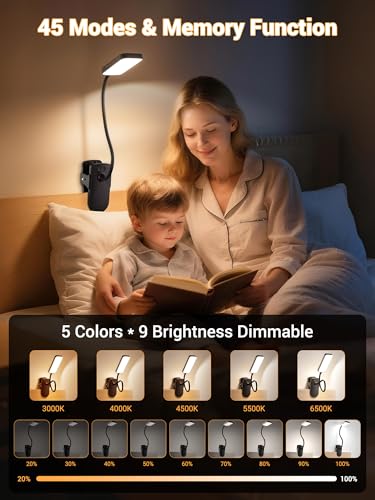 Clip on Light,9 Brightness+5 Color Rechargeable Lamp,48 LED Small Desk Lamp - color: Black