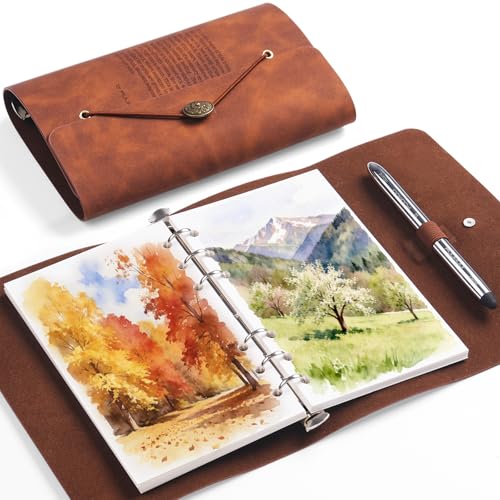 Fuumuui Portable Watercolor Journal with Dual-Tip Travel Brush - Watercolor Sketchbook 100% Cotton 300gsm Acid Free Cold Press Paper, 20 Sheets Travel Art Journal for Artists, Adults, 4.7"x7.5" - color: Suede Leather Brown